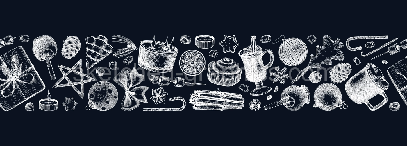 Christmas decoration - gifts, sweets, Christmas tree decor, candles, hot drinks and spices sketches. Vintage seamless ribbon for winter holiday. New Year background on chalkboard Illustration